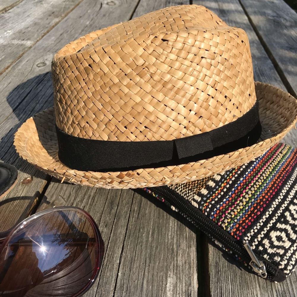 Straw Fedora Hat with Black Band - Natural
